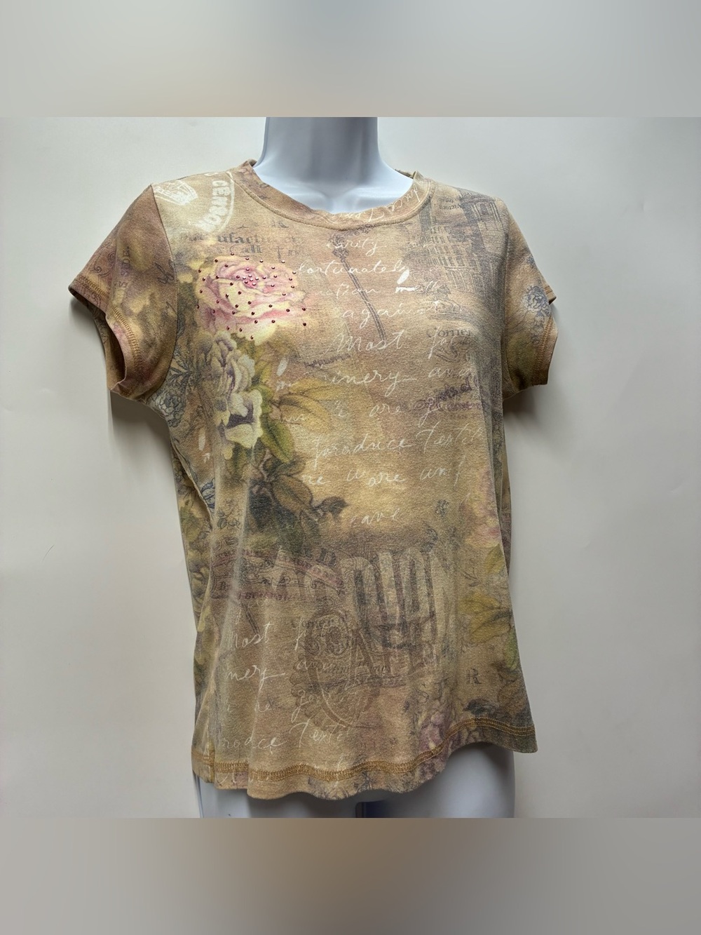 Vintage Y2K Xcit USA Small Short Sleeve Floral Bedazzled Tee T Shirt AOP Girly